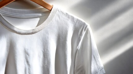 A simple, white t-shirt hangs on a wooden hanger, bathed in natural light casting subtle shadows on a plain wall.