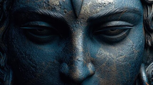 Close up of a blue stone statue face with closed eyes and an orange bindi on the forehead detail shot