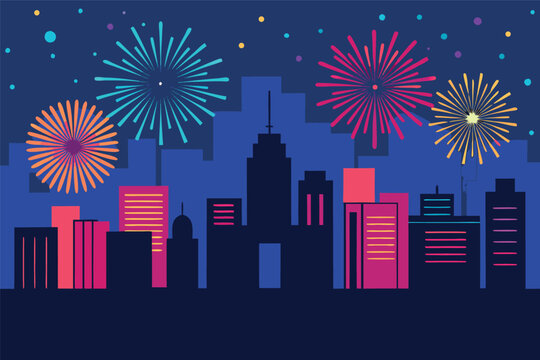 City Skyline Celebration with Fireworks Display over Buildings on New Years Eve or Independence Day Holiday - Powered by Adobe