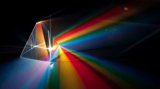 A triangular prism refracting light into a spectrum of colors against a dark background surface