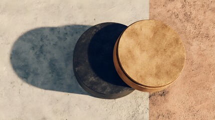 Two circular, natural-toned drums rest on a light-colored concrete surface, casting dramatic shadows.