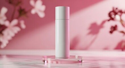 A luxurious cosmetic product presentation featuring a white bottle on a glass podium. A serene scene with soft pink flowers and delicate shadows for a natural beauty brand mockup