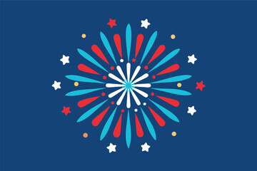 Festive Red White and Blue Firework Burst Design with Stars and Circles on a Dark Blue Background