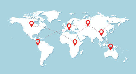 A stylized world map illustration featuring red location pins connected by dashed lines, symbolizing global travel and connectivity on a light blue background.