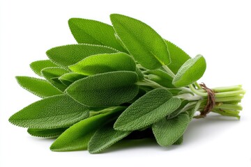 A bundle of green sage leaves tied with brown string sits against a plain white background