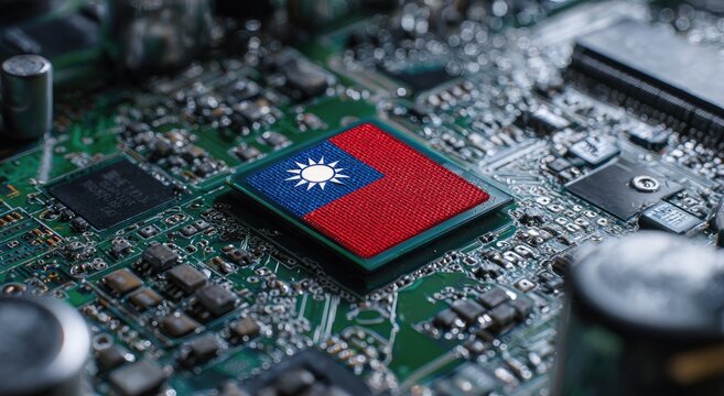 Close-up of circuit board with Taiwanese flag on chip