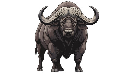A powerful illustration of an African buffalo with large, curved horns and a thick, dark coat, standing stoically.