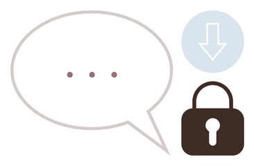 Speech bubble with ellipsis, padlock, and download arrow representing secure messaging, encryption, privacy, and data protection. Ideal for communication, cybersecurity, technology safety