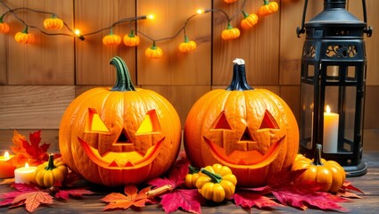Obraz premium Two carved halloween pumpkins with autumn leaves and lantern