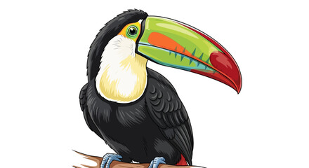 Obraz premium A vibrant illustration of a toucan with a large, colorful beak perched on a branch, set against a clean white background.