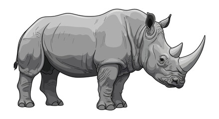 Obraz premium Detailed illustration of a large grey rhinoceros with two horns standing on a white background, showcasing its powerful build.
