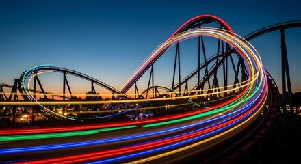 Vibrant light streaks capture the exhilarating motion of a roller coaster against the twilight sky