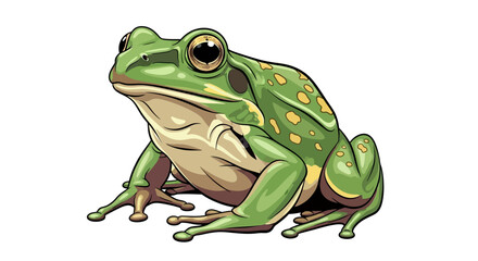 A detailed vector illustration of a green tree frog with yellow spots, sitting alertly on a clean white background.