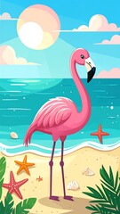 Pink flamingo on a beach with sunset