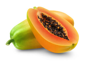 Papaya whole and half fruit isolated on transparent background.