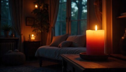 Candlelight Illuminates Dark Room, Casting Flickering Shadows; Warm, Inviting Ambiance Perfect for Relaxation, Comfort, and Home Decor Articles
