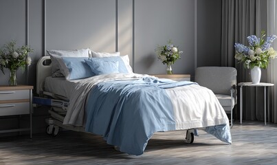 Hospital room with bed and armchair