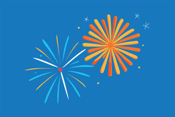 Festive Fireworks Illustration with Orange and Blue Bursts Against a Solid Blue Background for Celebrations