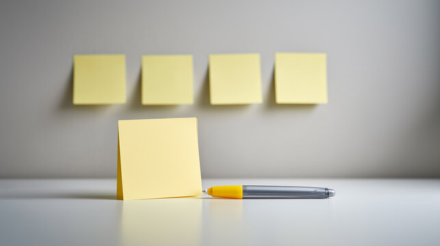 Yellow sticky notes on wall with pen and reminder paper on desk