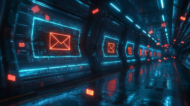 Futuristic tunnel with email notifications