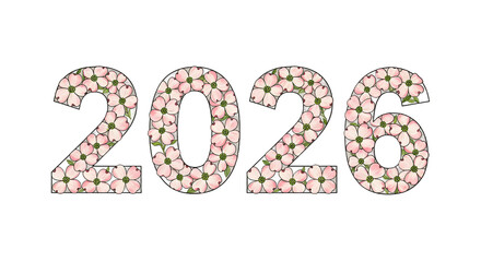 2026 New Year Floral Design: Pink Dogwood Flowers Number png alpha channel isolated on transparent background