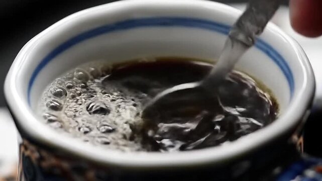 Pouring a hot brown beverage into a white mug for a morning breakfast