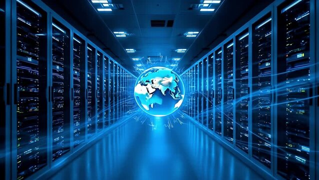 Futuristic Data Center Corridor with a Glowing Digital Earth Globe and Streaming Network Light Trails. - Powered by Adobe