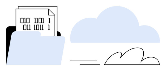 Folder containing binary files representing data alongside a minimalistic cloud shape implying cloud storage or transfer. Ideal for technology, data sharing, cloud computing, digital storage