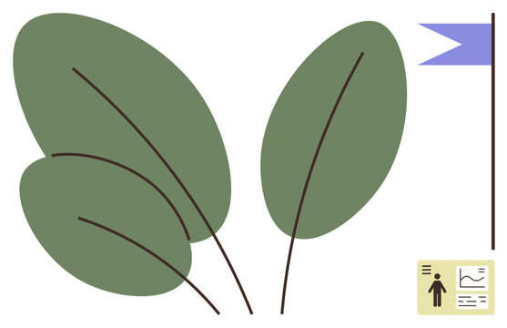Large green leaves with thin stems, blue flag on pole, small visual growth chart with person icon. Ideal for nature, sustainability, ecology, wellness, goals achievement growth. Simple flat