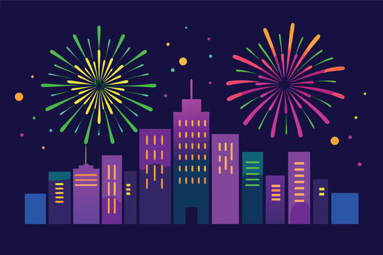 Colorful Fireworks Display Over a City Skyline at Night Celebrating New Years Eve or Independence Day