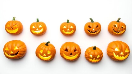 Ten glowing jack o lanterns lined up on a white background