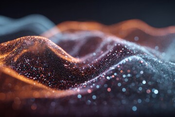 Vibrant waveforms blending art, tech, and science. Minimal design. Gentle shift of gradient particles and delicate bokeh. Creative poster. Professional photo.
