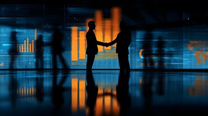 Silhouettes of two business men shaking hands in a futuristic digital environment with glowing data visualizations and reflective floor