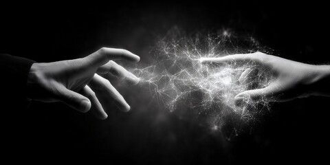 Obraz premium People separated by energy. Hands are reaching out and touching the screen. Digital connection between them is visible as a tangible, glowing, and energetic spark