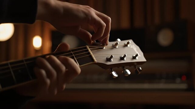 Hands adjusting guitar tuning pegs studio
