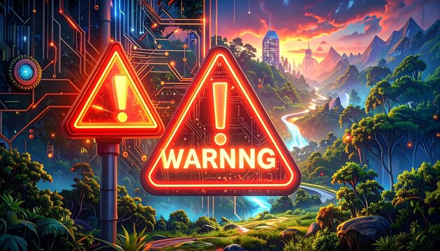 Warning Sign Futuristic Landscape - Powered by Adobe