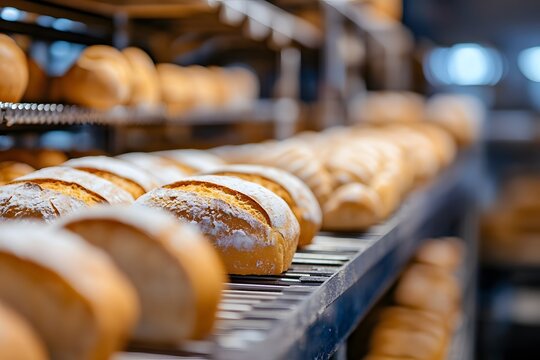Fresh bread being shaped on automated bakery line, close detail.