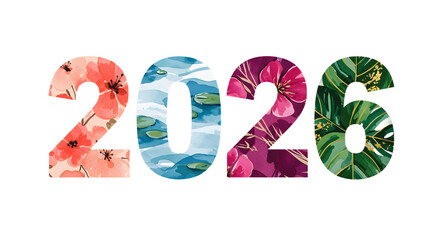 2026 New Year Floral Watercolor Design: Tropical Leaves, Flowers, and Water png alpha channel isolated on transparent background