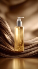 Fototapeta premium Luxurious golden hair oil bottle with pump dispenser set against flowing shiny brown hair on a warm reflective background