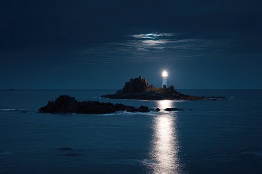 Moonlight illuminates a lighthouse on a rocky islet