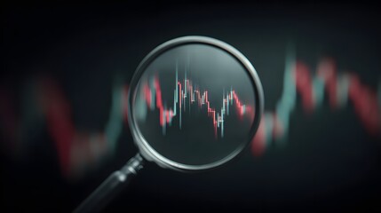 Magnifying glass examining detailed stock market candlestick chart with fluctuating red and green bars on dark background highlighting financial analysis and investment trends