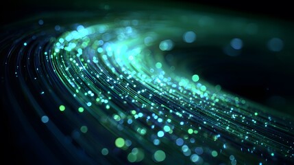 Abstract digital wave of glowing particles forming a spiral pattern with vibrant green and blue lights on a dark background