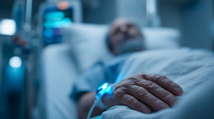 Elderly patient resting in hospital bed with IV drip and medical monitor in background, hand illuminated by blue light, serene atmosphere in intensive care unit