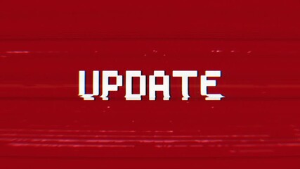 Update text animation with glitch and VHS effects on red background. 4k footage animation - Powered by Adobe