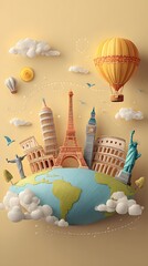 Globe with iconic landmarks including Eiffel Tower, Statue of Liberty, Colosseum, Big Ben, and Leaning Tower of Pisa surrounded by hot air balloons and clouds in a whimsical cartoon style