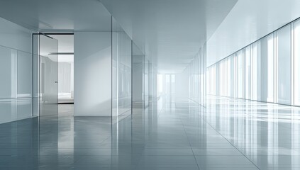 Modern, empty hallway with glass walls
