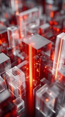 Futuristic transparent glass cityscape with glowing red neon lights and illuminated geometric structures in a high-tech urban environment