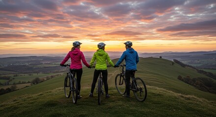 Pedaling Towards the Horizon: Three cyclists, hands clasped in unity, pause atop a hill, their bikes beside them, to take in the breathtaking panoramic vista of a radiant sunset.