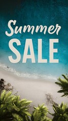 Summer Sale Promotion on Tropical Beach with Palm Trees and Crystal Clear Ocean Water Background