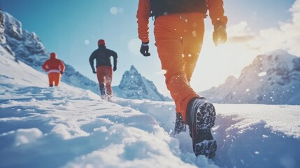 Hikers trekking through snowy mountains under a bright sun